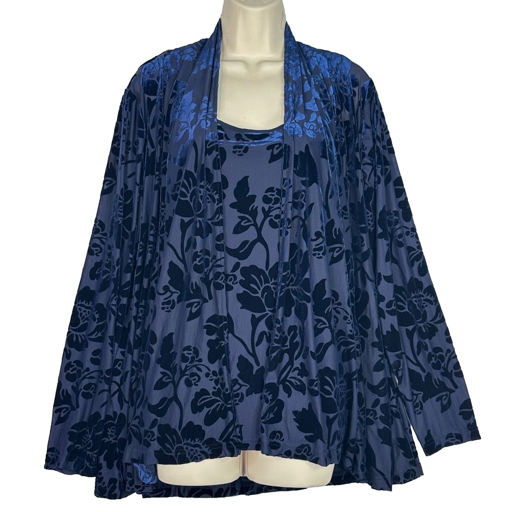 Oleg Cassini 2 Piece Set Womens 14 Blue Velvet Burnout Floral Evening Jacket Top